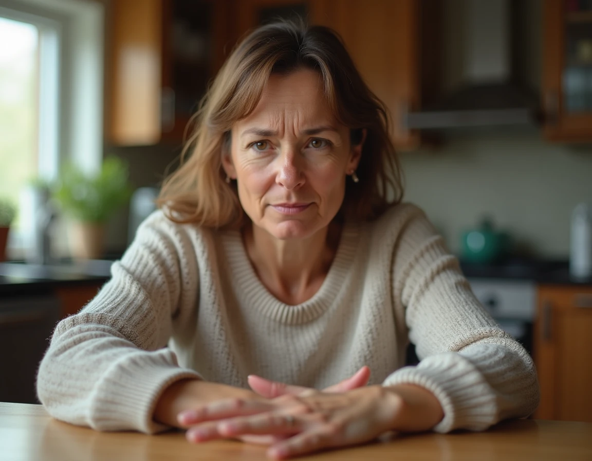 Femme à domicile observant une réaction allergique autour d'un ongle en porcelaine, expression préoccupée