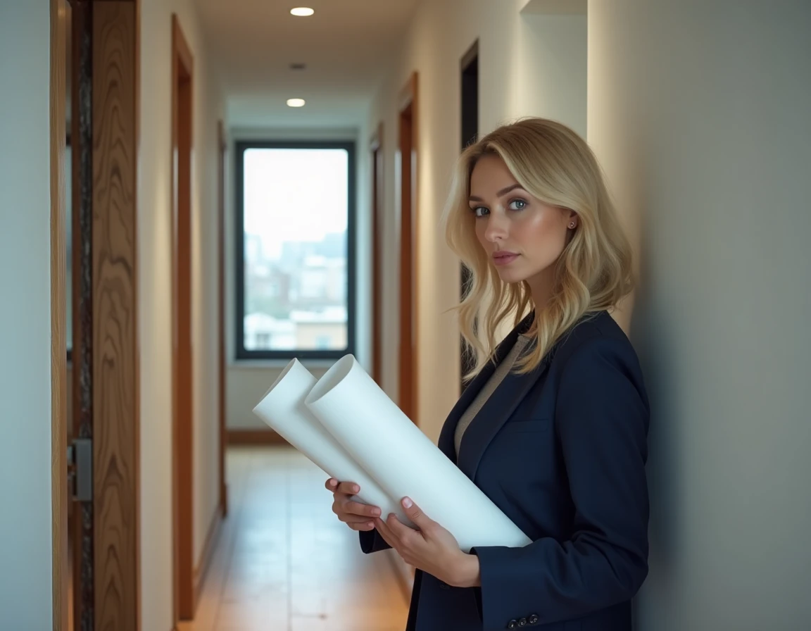 Architecte féminine examinant la coupe transversale d'un mur isolé dans un couloir d'appartement en copropriété