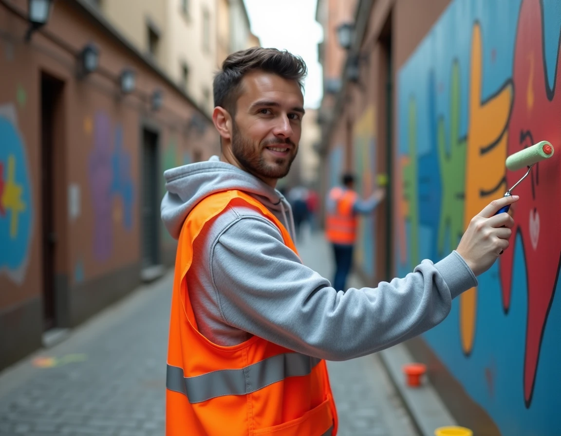 Jeune bénévole peignant une fresque murale collaborative dans une ruelle urbaine, illustrant l'engagement citoyen