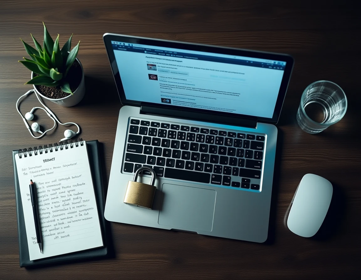 Vue de dessus d'un bureau avec un ordinateur portable affichant des traceurs web, un cadenas et des notes sur la confidentialité en ligne