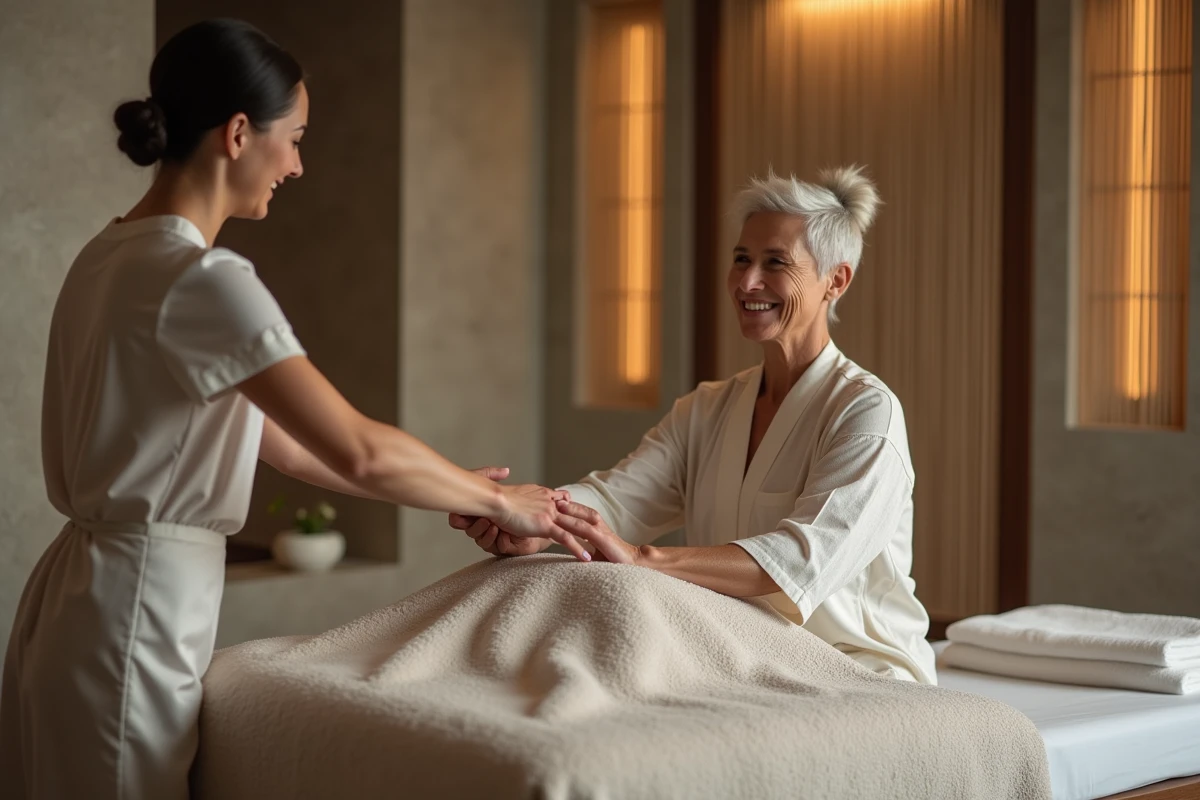 Femme détendue souriant avant un massage dans un spa