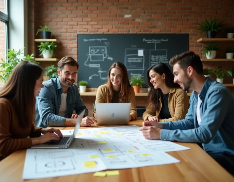 Groupe de personnes collaborant autour d'une table sur des projets solidaires et innovants dans un espace de coworking