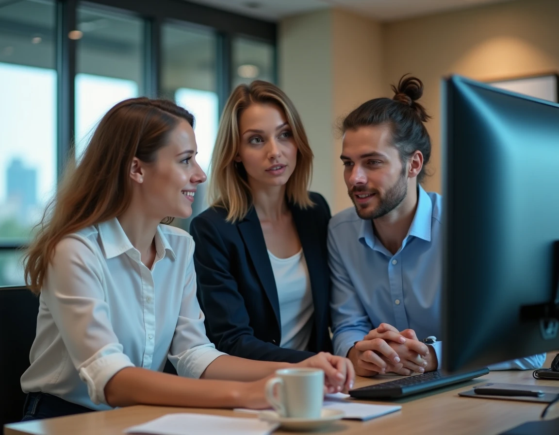 Groupe de collègues discutant des dernières actualités devant un écran d'ordinateur dans un bureau moderne