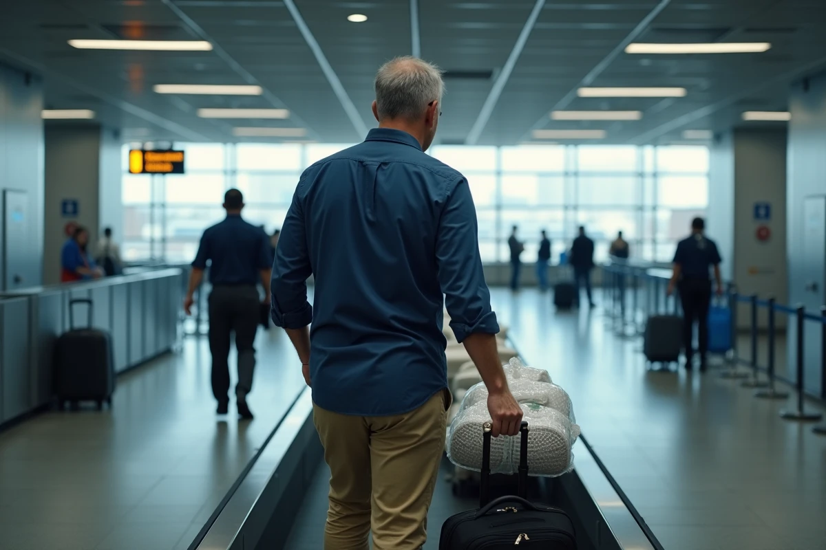 Voyageur passant le contrôle de sécurité à l'aéroport avec de la vaisselle dans son bagage cabine