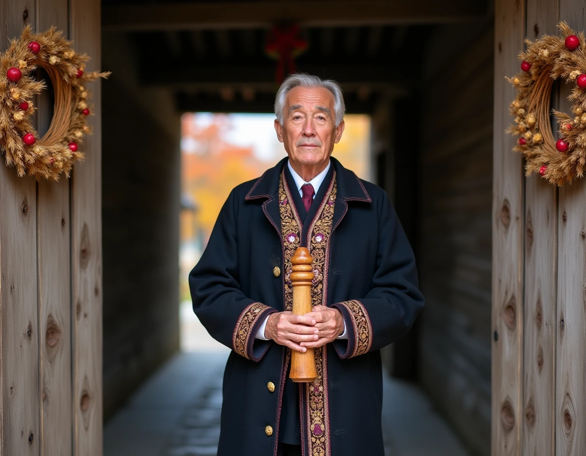 Un homme en costume folklorique traditionnel tenant un objet cérémoniel sculpté devant un portail de village décoré, représentant la distinction entre coutume formelle et tradition populaire.