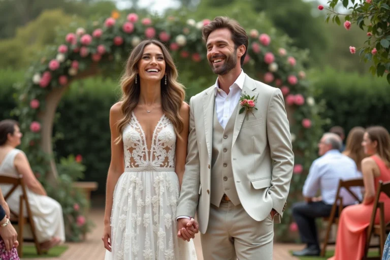 Jeune couple heureux dans un jardin en fleurs lors d'un mariage