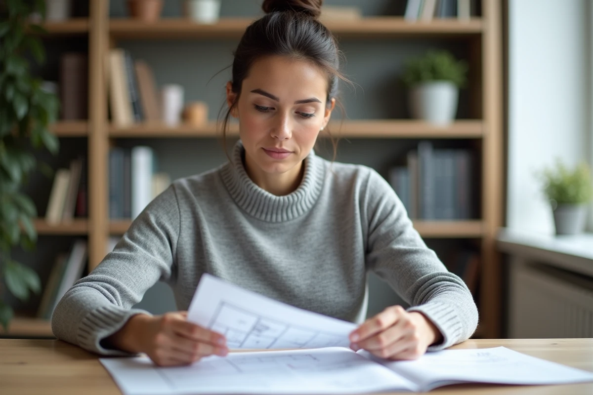 Femme concentrée travaillant dans un bureau contemporain, illustrant la carrière discrète et le succès professionnel d'Elizabeth Huberdeau dans l'immobilier