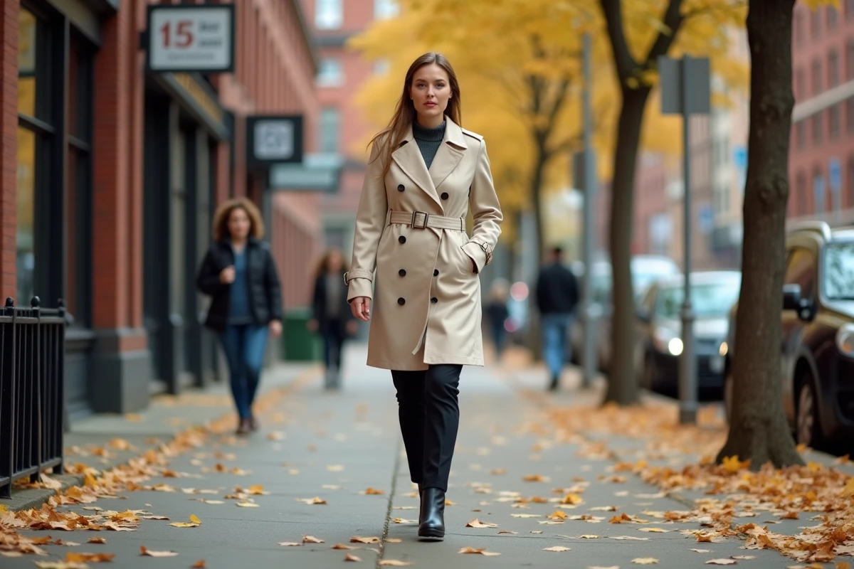 Femme professionnelle marchant dans une rue urbaine en automne, évoquant le parcours et l'indépendance d'Elizabeth Huberdeau après sa vie publique