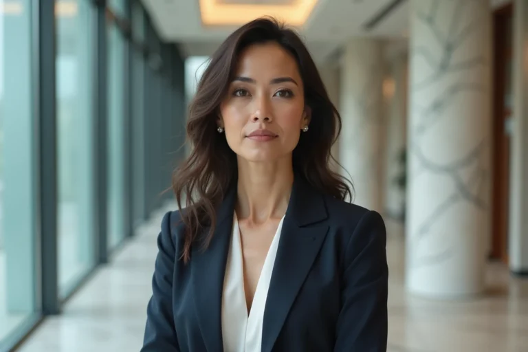 Femme élégante aux cheveux bruns dans un lobby moderne, représentant le profil discret et sophistiqué d'Elizabeth Huberdeau
