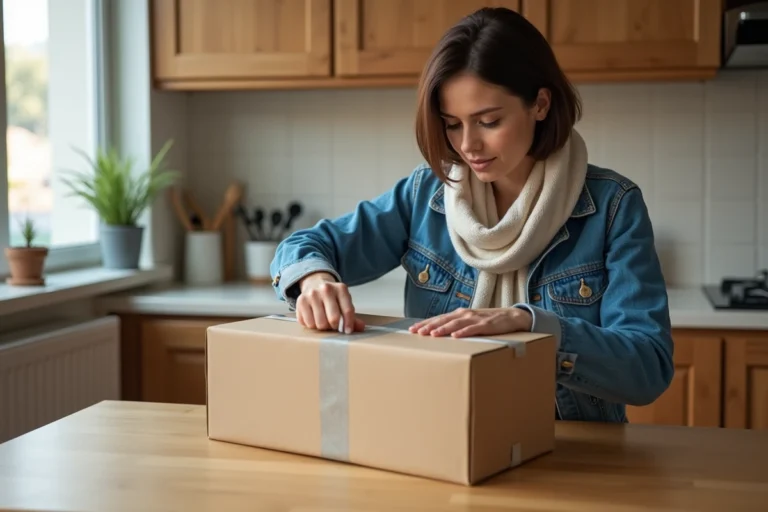 Femme emballant un colis dans une cuisine moderne