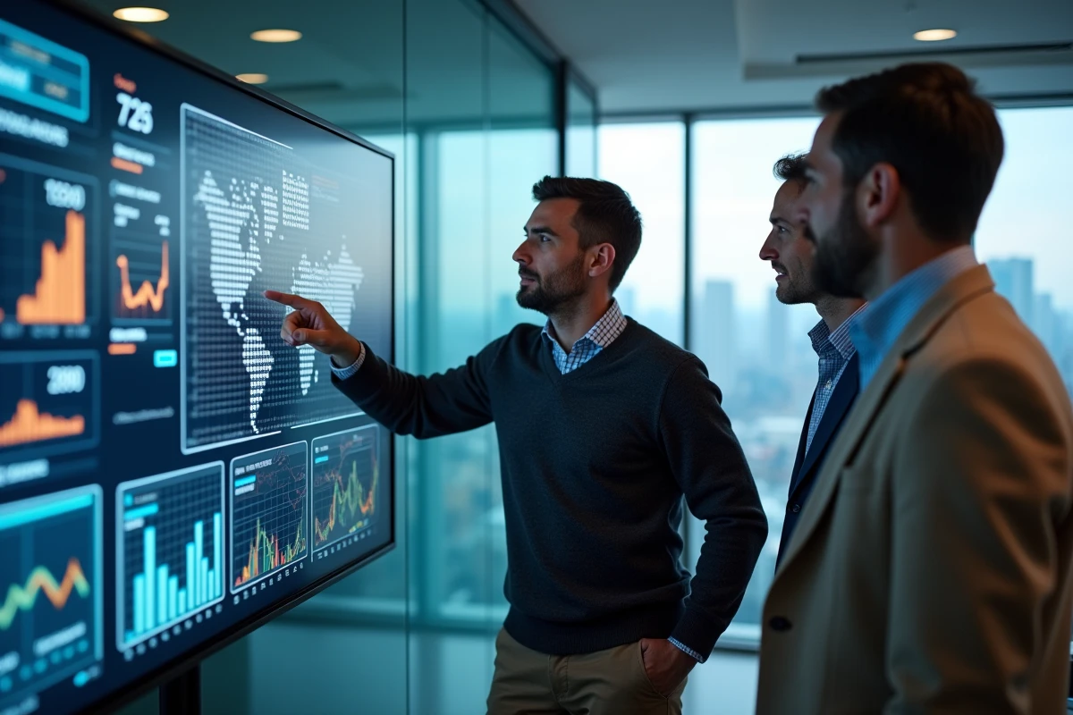 Équipe de professionnels analysant des tendances d'actualité sur un écran interactif en salle de réunion