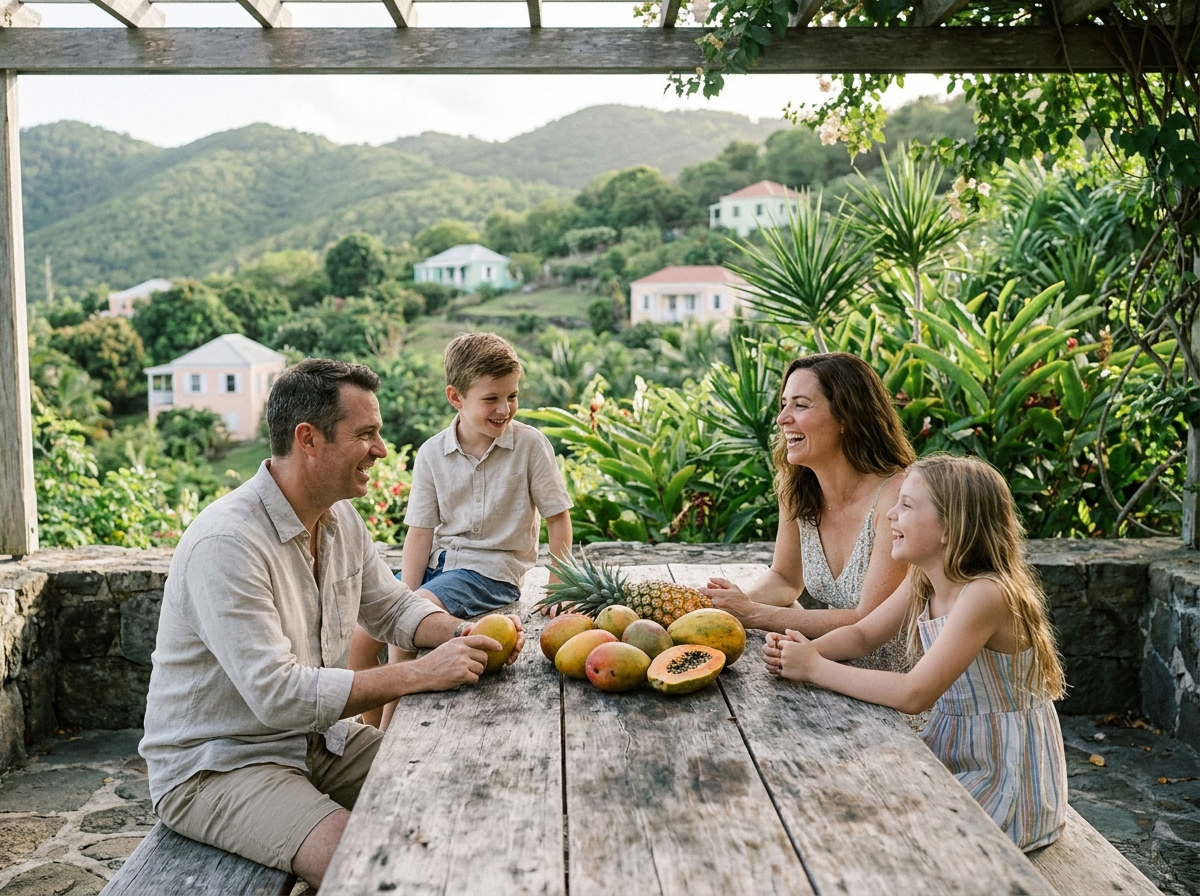Famille partageant fruits tropicaux sur terrasse en Caraibes
