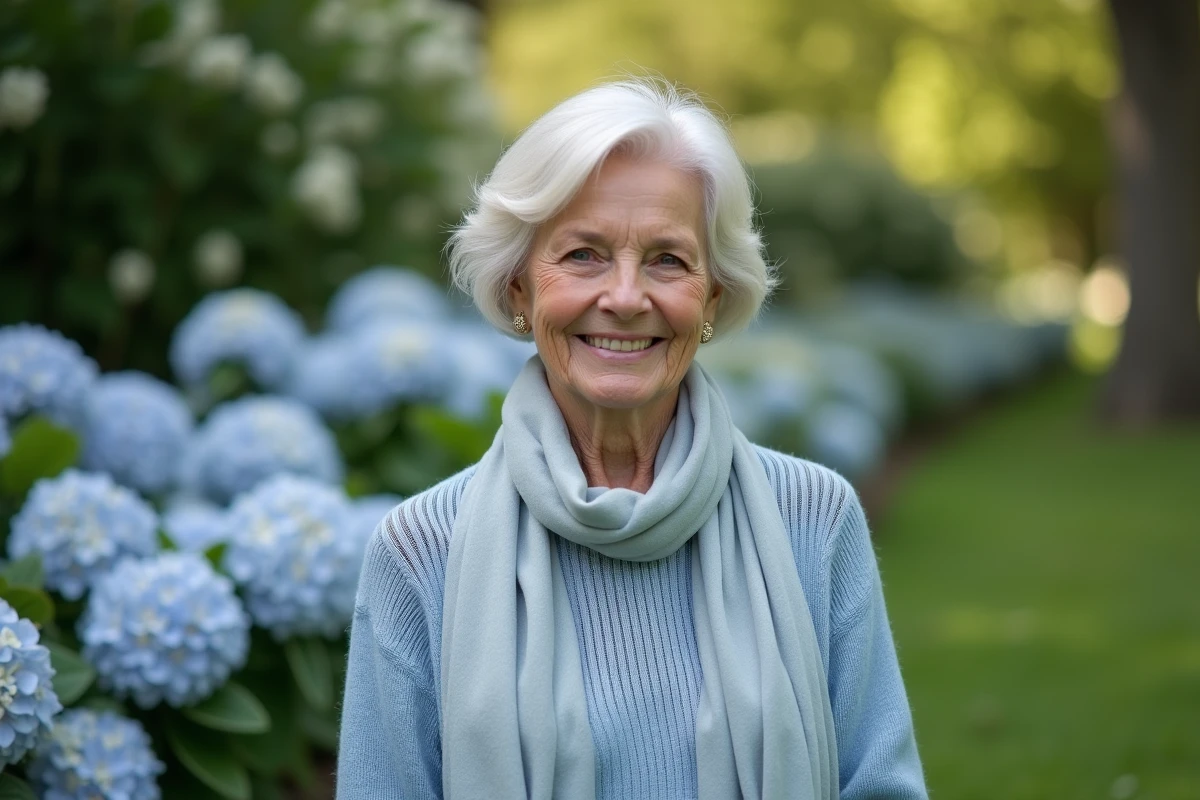 Femme âgée souriante dans un jardin avec hortensias en fleurs