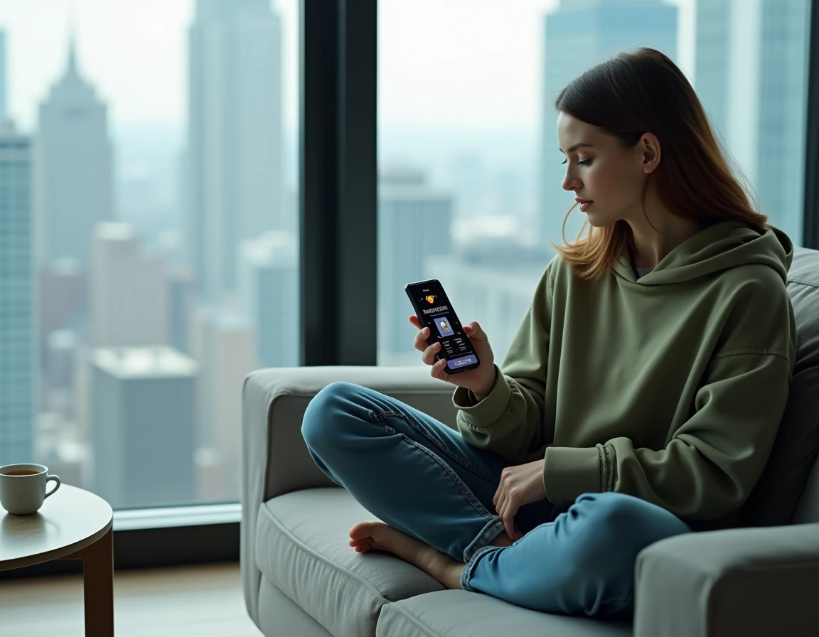 Femme utilisant une application VPN sur son smartphone dans un appartement moderne pour protéger sa vie privée en ligne