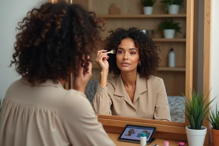 Femme appliquant du maquillage dans un décor cosy