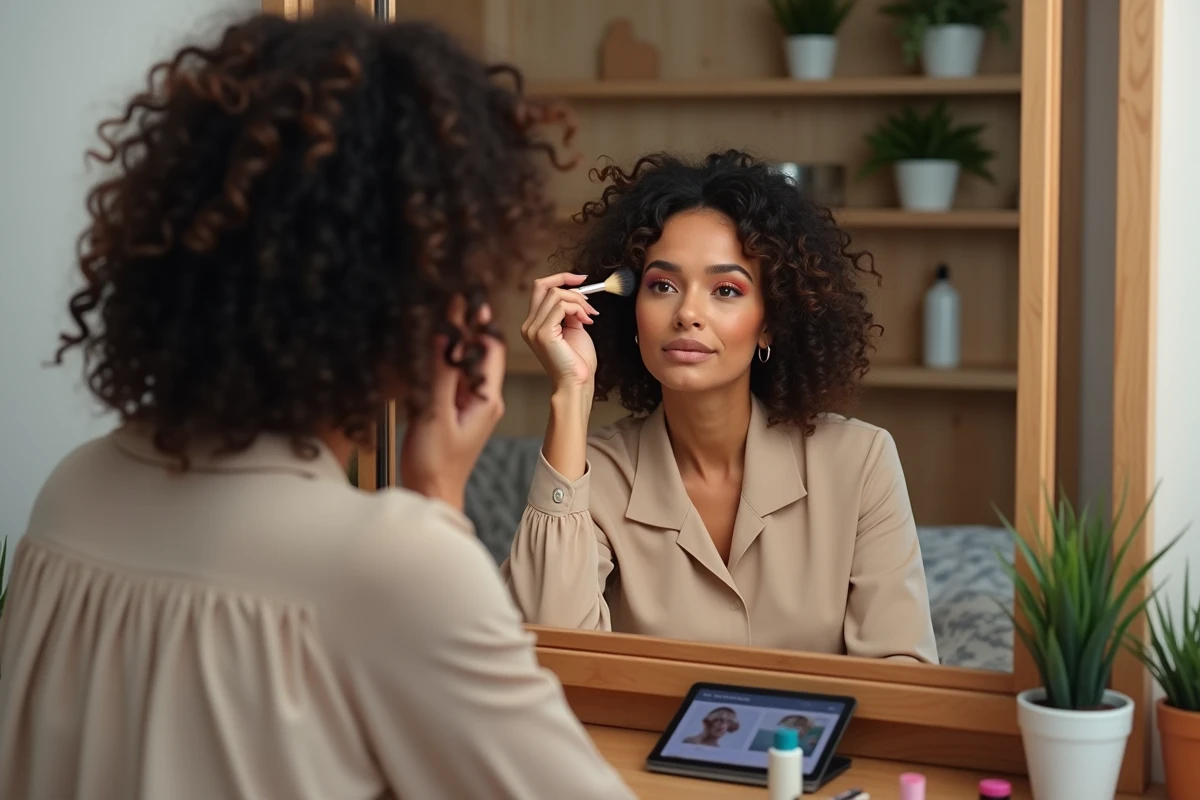 Femme appliquant du maquillage dans un décor cosy