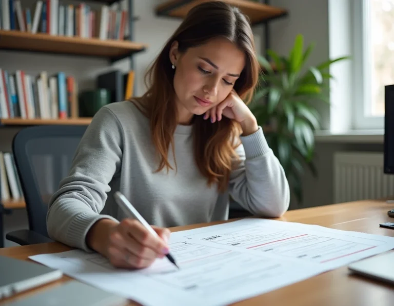 Femme consultant un plan de sitemap imprimé sur son bureau dans un bureau à domicile moderne