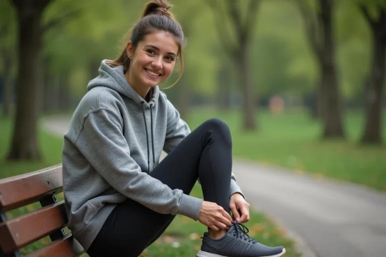 Femme souriante en tenue de sport dans un parc urbain