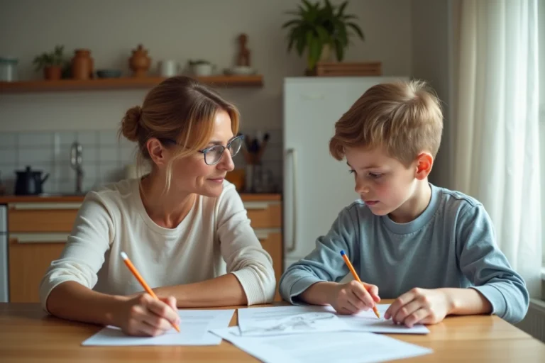 Femme et enfant discutant autour d'un document à la maison