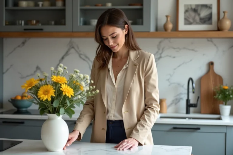 Femme élégante arrangeant des fleurs dans une cuisine moderne