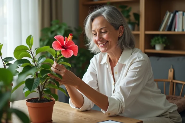 Femme examine un hibiscus dans un salon lumineux