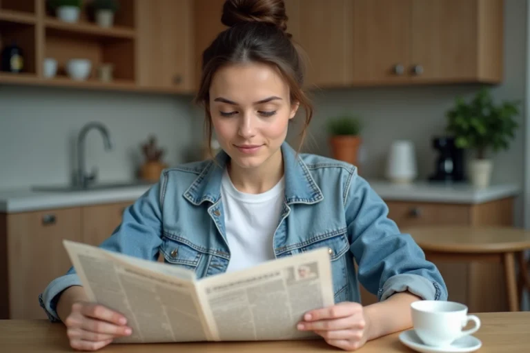 Jeune femme lisant un journal dans la cuisine moderne