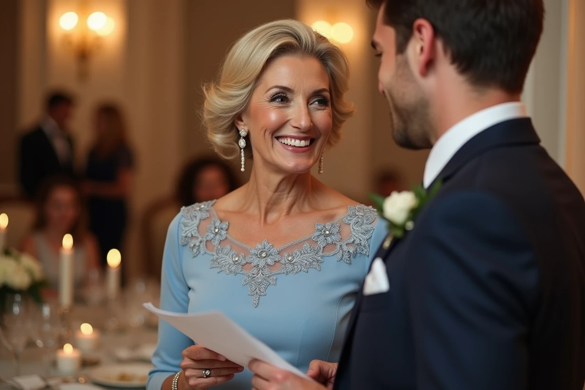 Femme en robe bleue souriante lors d’un mariage
