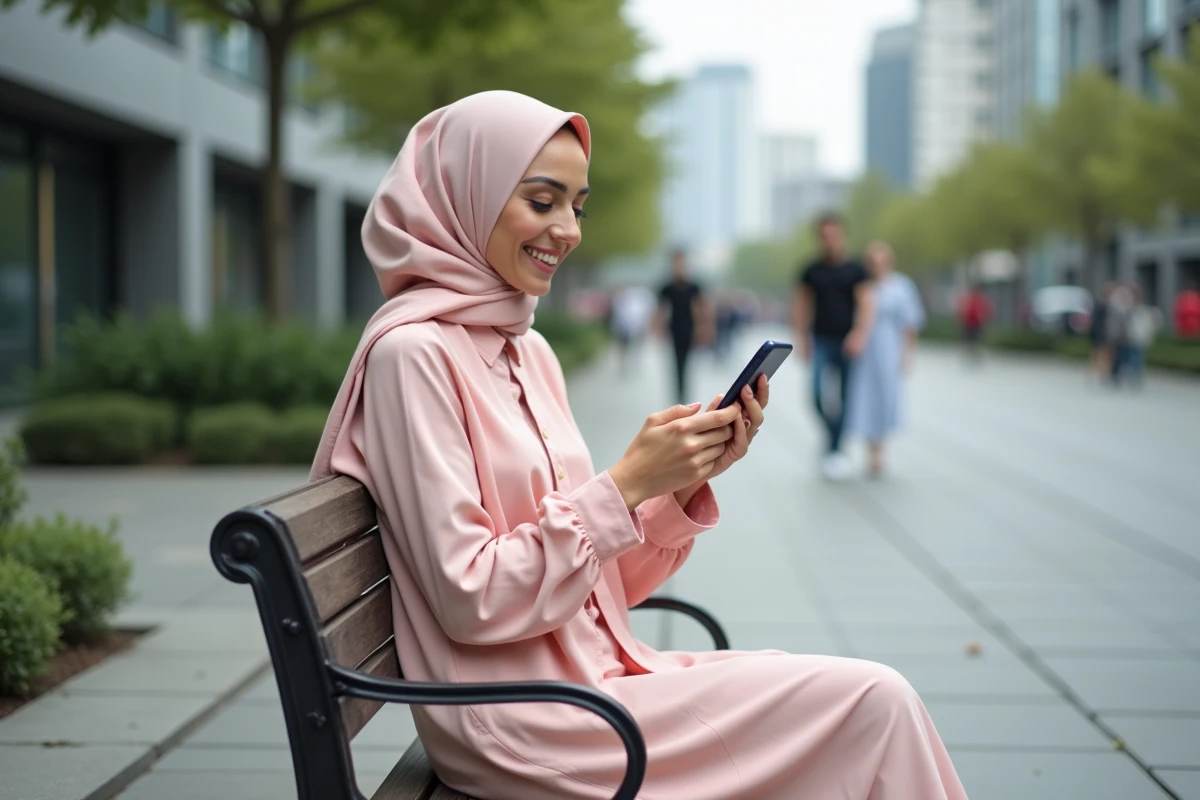 Femme élégante en robe pastel checkant son téléphone en ville