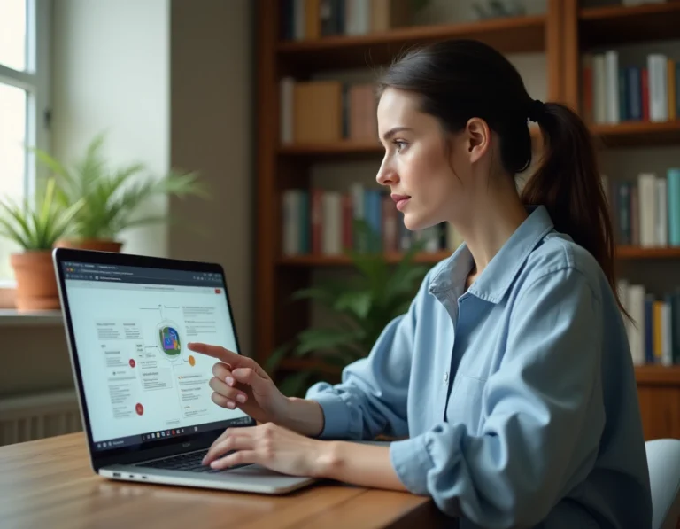 Femme consultant le plan du site d'un blog sur son ordinateur portable dans un bureau à domicile