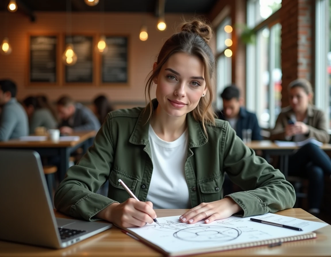 Jeune femme dessinant un plan de navigation de site web dans un carnet au café avec son ordinateur