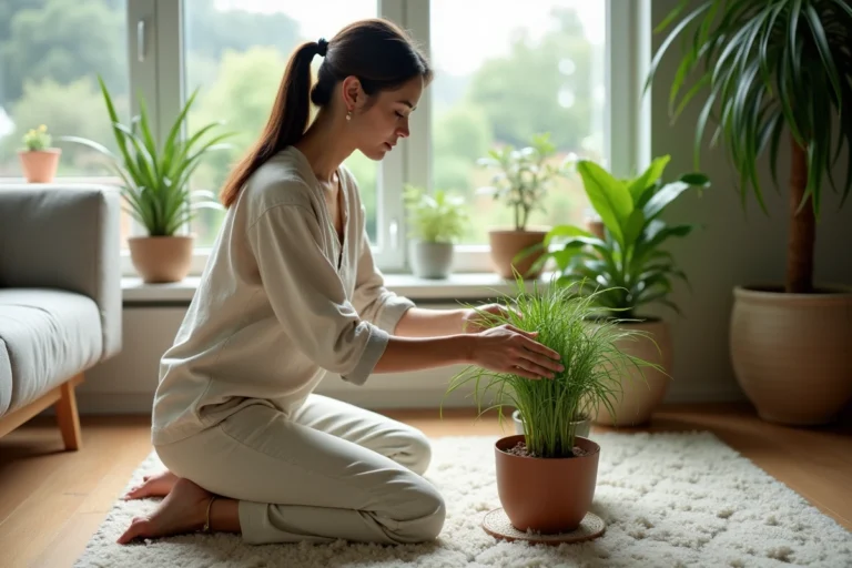 Femme arrangeant des plantes vertes sur une fenêtre