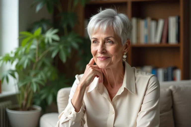 Portrait d'une femme âgée élégante avec coupe pixie argentée