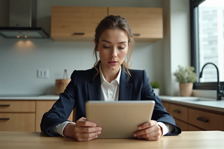 Jeune femme en business regardant son tablet dans la cuisine