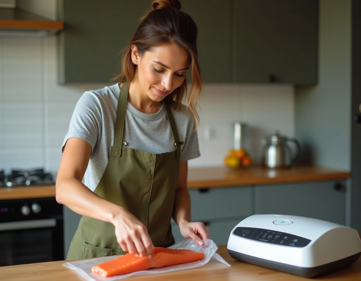 Femme utilisant la machine sous vide FoodSaver V2860 pour emballer un filet de saumon frais dans une cuisine domestique