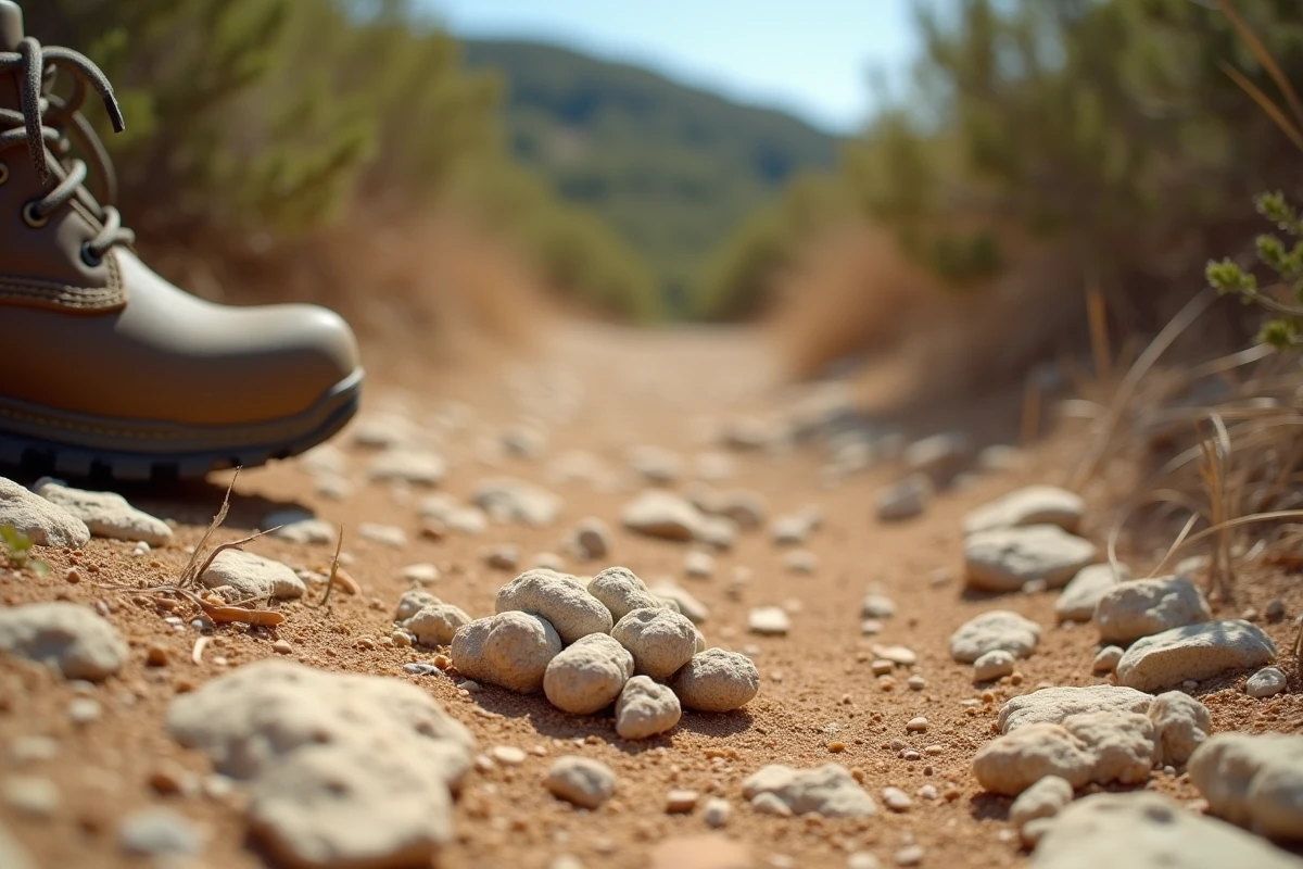 Crottes de serpent séchées sur un chemin calcaire en garrigue méditerranéenne avec végétation sèche environnante