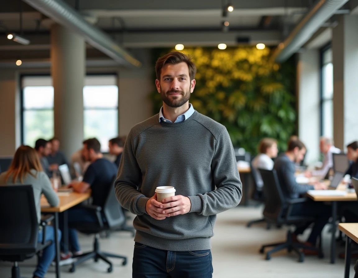 Freelance créatif masculin en conversation dans un espace de coworking moderne à Lyon entouré d'autres indépendants