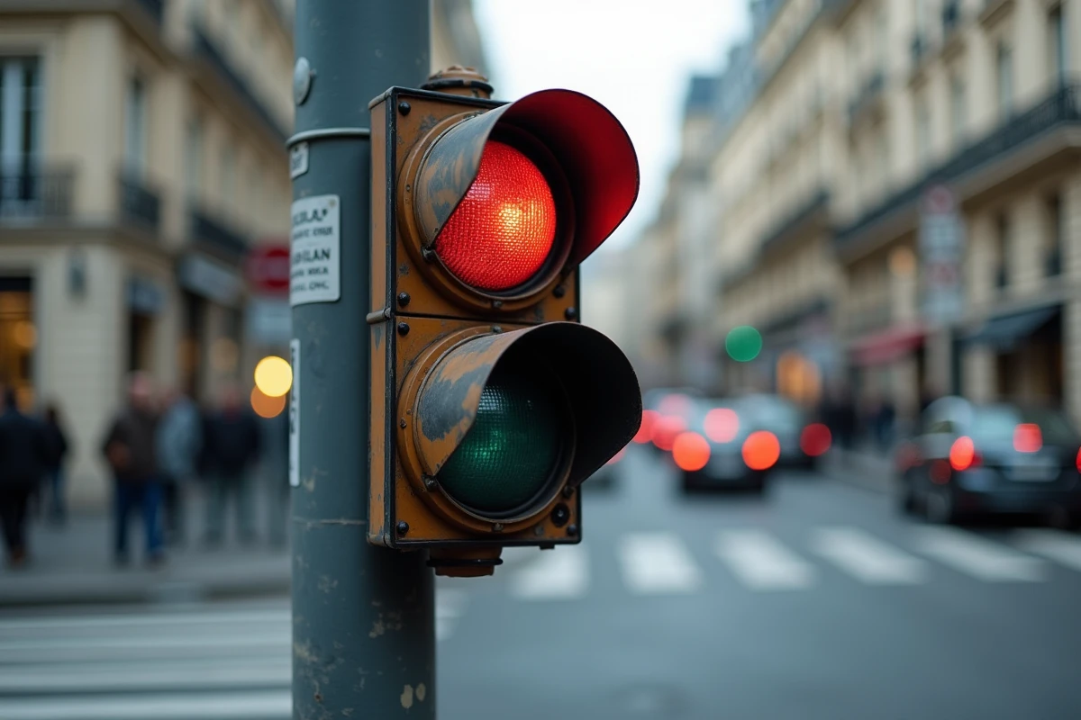 Gros plan d'un feu tricolore urbain avec les trois lentilles rouge orange vert sur fond de rue française