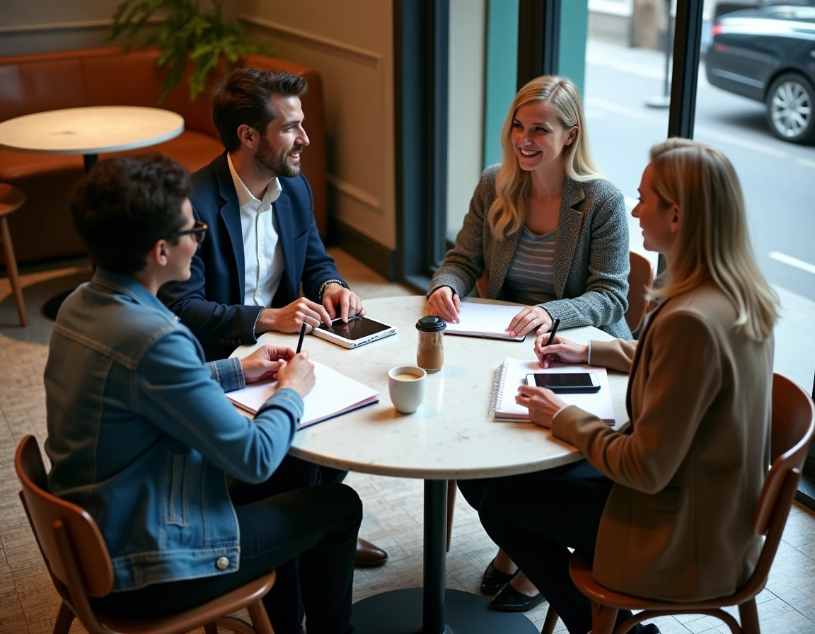 Groupe de travailleurs indépendants réunis autour d'une table de café parisien lors d'une réunion de networking informelle