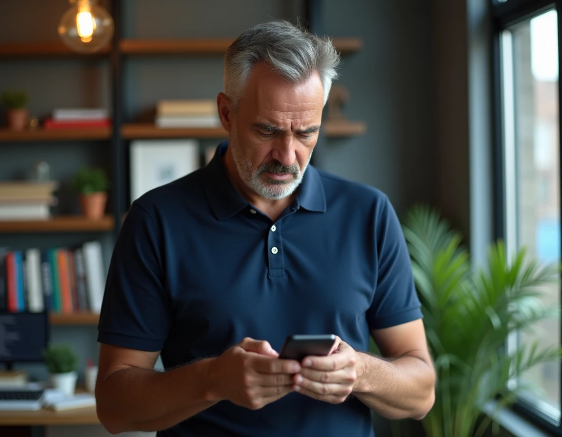 Homme consultant les dernières actualités sur son smartphone dans un bureau à domicile contemporain