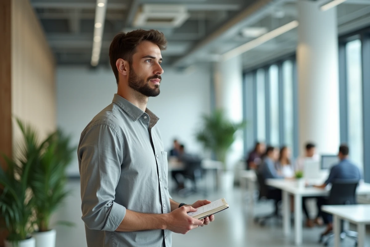 Jeune homme discret au bureau regardant avec tendresse une personne hors champ, signe d'amour secret
