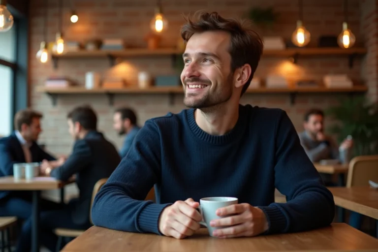 Homme amoureux en secret regardant discrètement avec un sourire involontaire dans un café chaleureux
