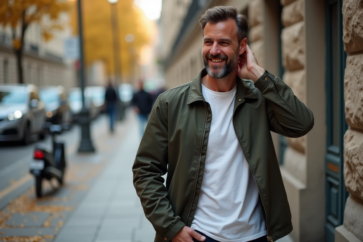 Homme souriant timidement dans une rue en automne, attitude révélatrice d'un amour secret non exprimé