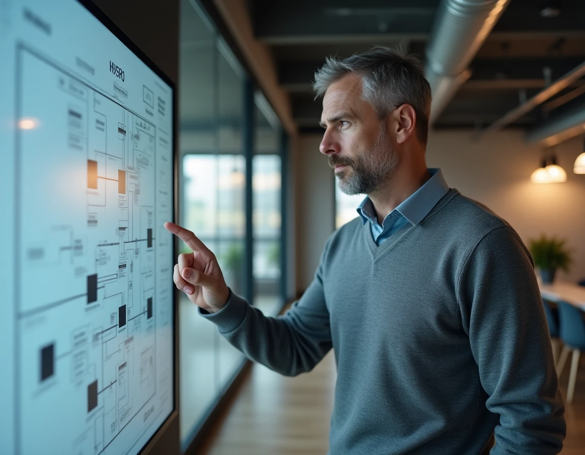 Homme en pull gris analysant un plan de site web affiché sur un grand écran tactile en bureau moderne