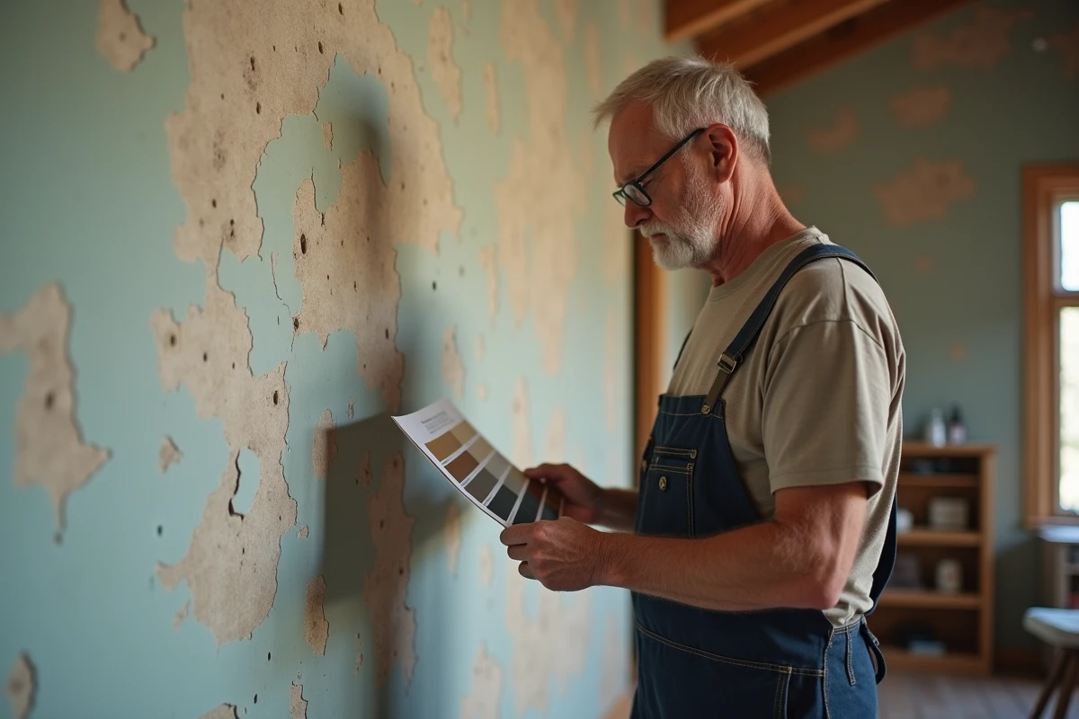 Homme examinant des échantillons de peinture dans une pièce