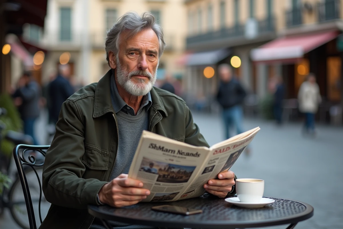 Homme lisant un journal en terrasse de café dans une place urbaine animée en Europe