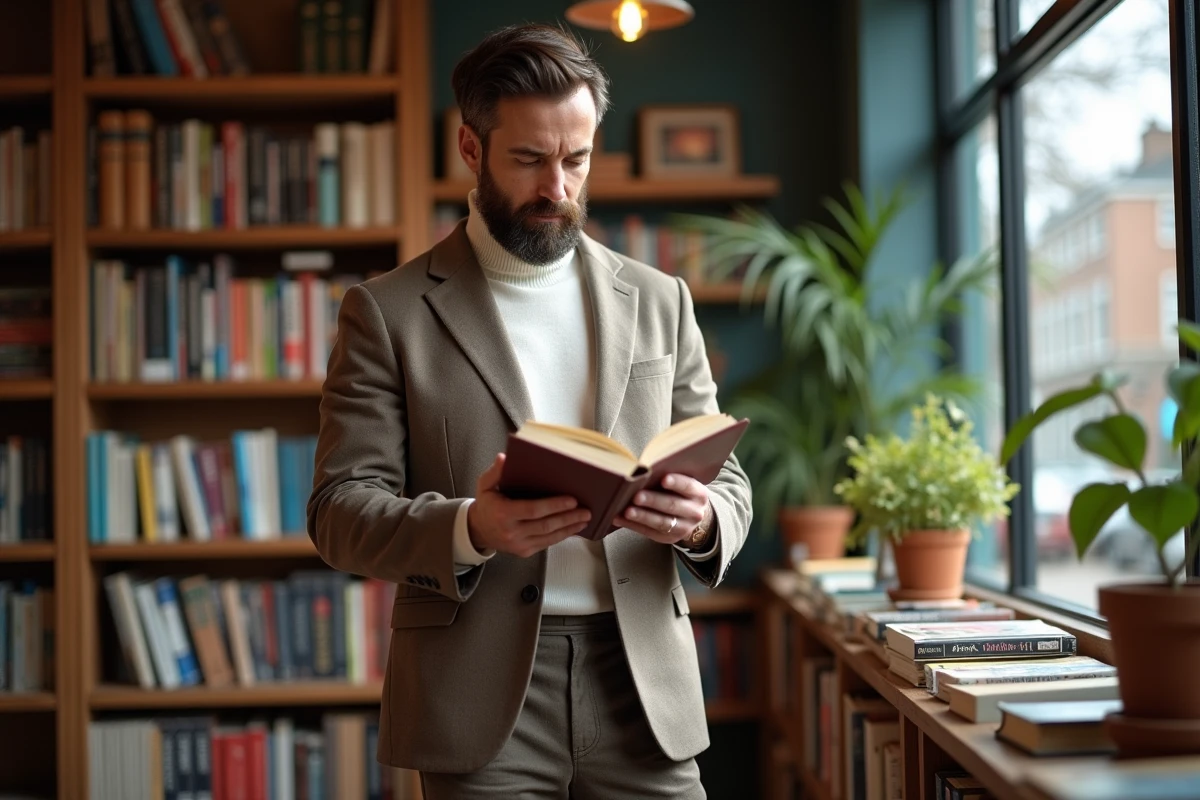 Homme en costume lisant dans une librairie chaleureuse