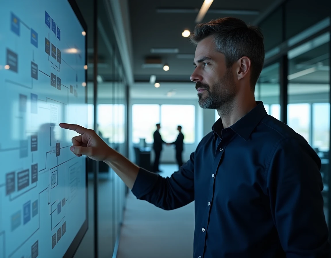 Homme naviguant sur une arborescence de sitemap sur un écran tactile mural dans un bureau technologique