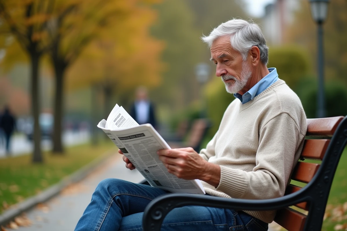 Homme âgé lisant un journal dans un parc urbain