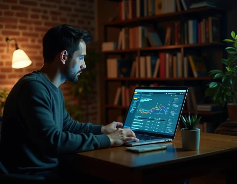 Homme consultant un tableau de bord de surveillance réseau sur son ordinateur portable dans un bureau à domicile, illustrant le suivi de navigation en ligne