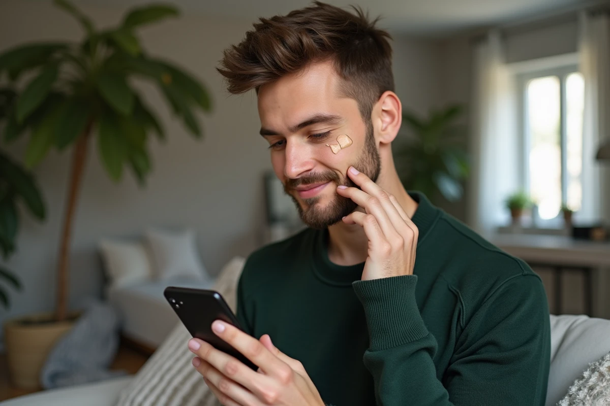 Jeune homme explorant les tendances maquillage sur son smartphone